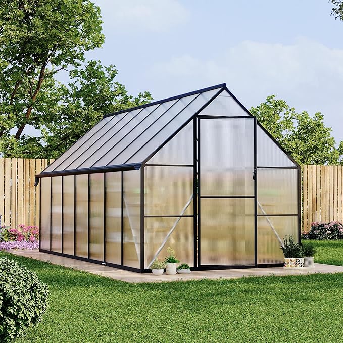 Polycarbonate Greenhouse for Outdoors, Large Walk-InGreenhouse with Quick Setup Structure and Roof Vent, Greenhouse with Ventilation and Rain Gutter