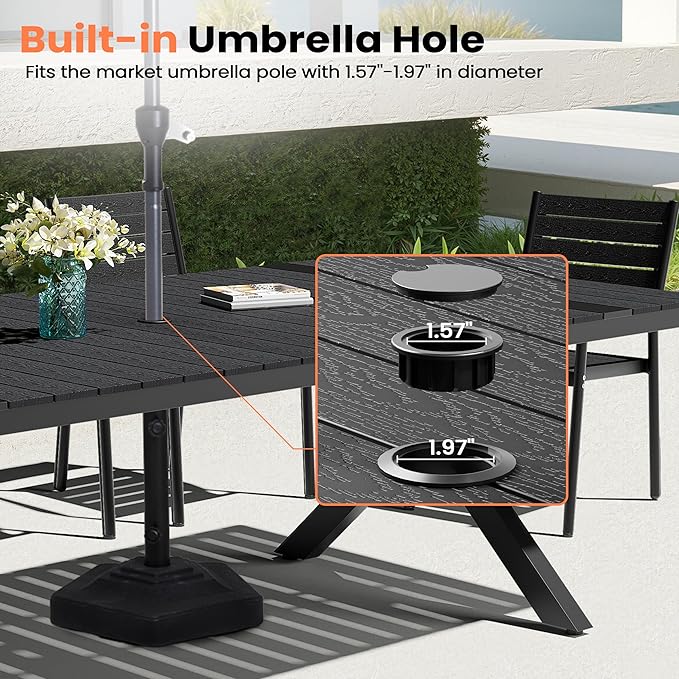 Pellebant 94" Outdoor Dining Table for 6-8, Aluminum Patio Dining Table with Umbrella Hole, Waterproof Wood-Like Tabletop for Lawn Garden Backyard, Black