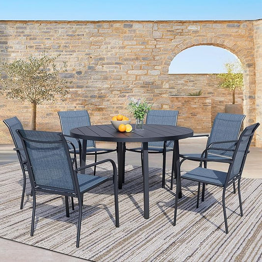 7 Pieces Patio Dining Set for 6, Blue Patio Stackable Chairs and Black Round Table Set of 6, Outdoor Furniture Set with Sling Support for Outside, Garden