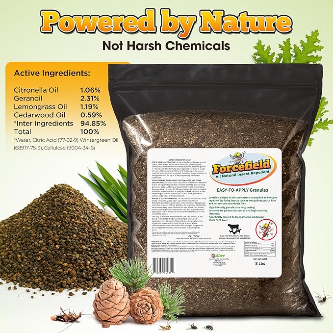 ForceField Natural Flea, Mosquito Yard Treatment - Repellent Granules for Backyard Mosquito Control | Pet Safe, DEET-Free Outdoor Control | Long-Lasting Barrier for Lawns, Patios, & Barns 8 LB