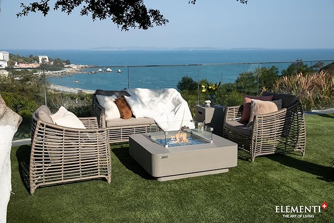 Elementi+ | Bundle Lucerne Gas Fire Pit Cast Concrete 42" Square Fire Table, Outdoor Fire Pit Electronic Ignition | Canvas Cover, Fire Glass and Burner Lid Included | Light Gray | Propane Gas