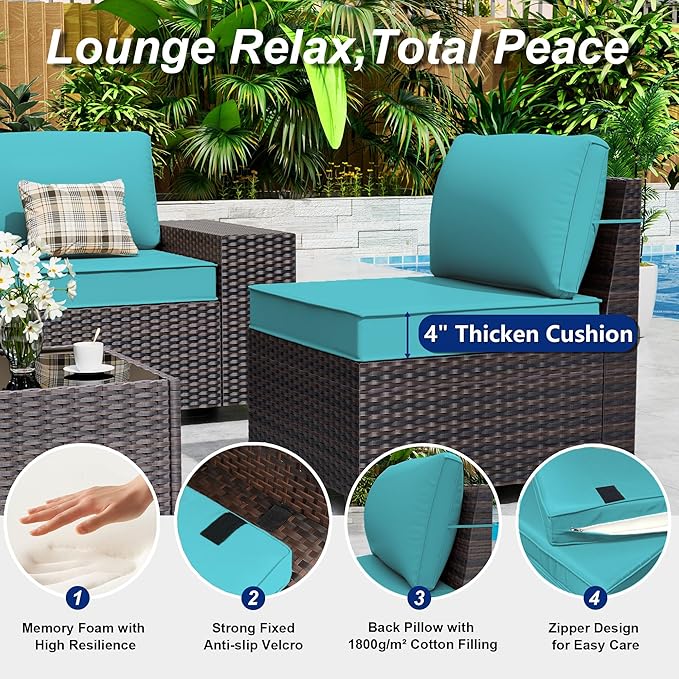 Outdoor Patio Furniture Set, 6 Pieces Outdoor Sectional Furniture High Backrest Patio Sofa, All-Weather PE Rattan Patio Conversation Set with Coffee Table & Cushions(Teal).