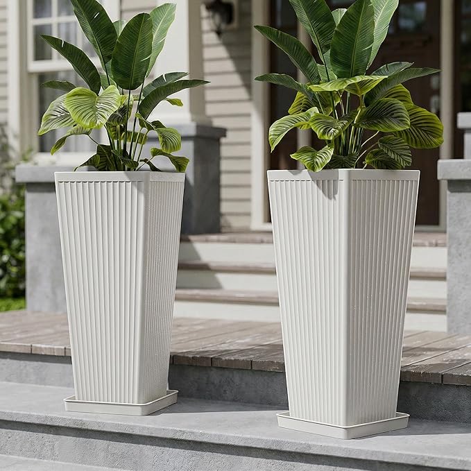 Tapered Tall Planters for Outdoor Plants 2 Pack- 23.6 Inch Square Indoor Flower Pots with Drainage Holes and Partition/Tray Saucers, Large Outdoor Planters for Porch Patio Garden, White