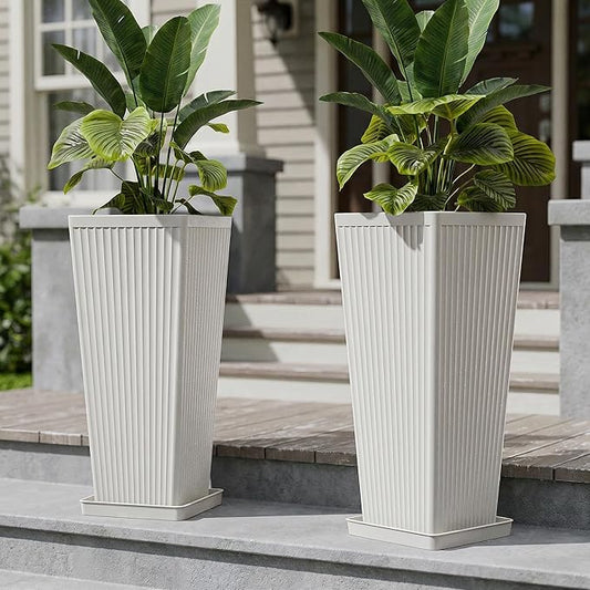 Tapered Tall Planters for Outdoor Plants 2 Pack- 23.6 Inch Square Indoor Flower Pots with Drainage Holes and Partition/Tray Saucers, Large Outdoor Planters for Porch Patio Garden, White