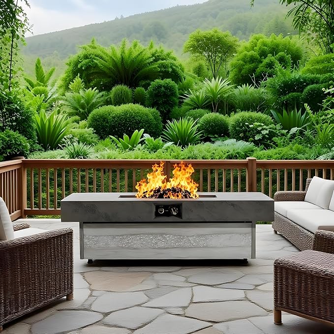 Propane Fire Pit Table, 48 Inch Firepits for Outside, Rectangle Gas Fire Pits for Outside Patio, Deck, Backyard, 50000BTU, Free Waterproof Cover, Tank Outside, Tank Not Included, Cement Grey