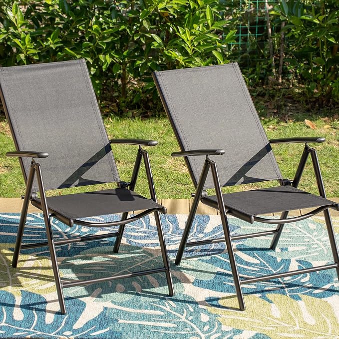 Sophia & William 7 Pieces Patio Dining Set with 13ft Beige Umbrella, Folding Outdoor Dining Chairs for 6, Rectangular Metal Patio Table and Sling Chairs Set, Blue