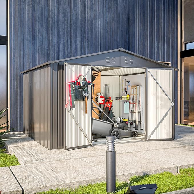 Favfurish Outdoor Storage Shed 10x8FT, Heavy Duty Tool Sheds with Lockable Door & Shutter Vents, Waterproof Garden Shed for Backyard Lawn Patio, Black