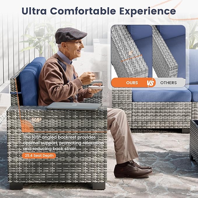 UDPATIO Patio Furniture Set with Fire Pit Table, 8 Inch Armrest Outdoor Sectional Sofa, 9 Piece Wicker Outdoor Furniture Conversation Sets with Waterproof Cover for Backyard Deck(Grey/Navy Blue)