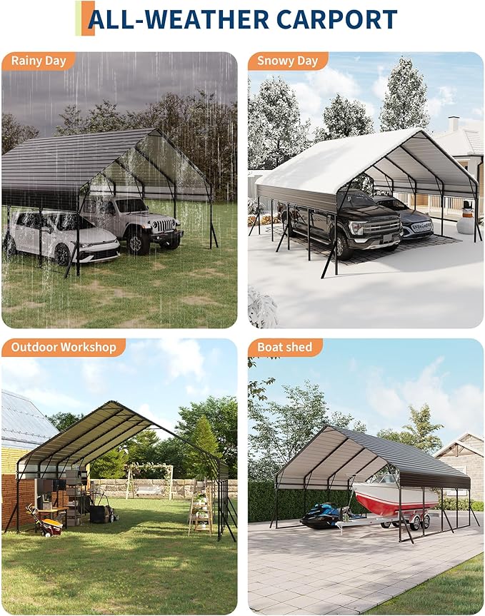 20x20 FT Heavy Duty Metal Carport Kit, Reinforced Frame with Anchors, for Trucks, Boats, RV, Tractor, 100MPH Wind & 35PSF Snow Rating, Easy Assembly