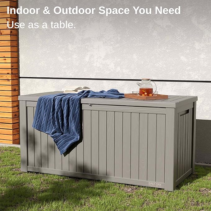 EAST OAK Outdoor Storage Box, 180 Gallon Deck Box, Large Resin Storage Bin for Patio Cushions, Gardening Tools, Lockable, Waterproof and UV Resistant, Grey