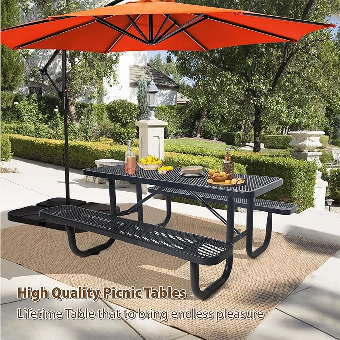 HIMcup 4 FT Metal Picnic Tables for Outside, Outdoor Coated Steel Heavy Duty Commercial Picnic Table with Benches, Patio Table Rectangular Furniture Set for Garden, Lawn, Shops, Parks