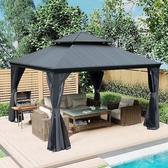 Domi 12' X 12' Hardtop Gazebo, Upgraded Metal Gazebo with Dual-Layer Resin Roof, Drainage System, Curtain and Netting, Outdoor Shelter Canopy for Patio, Garden, and Backyard, Grey