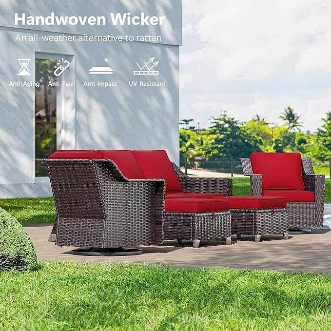 3 Pieces Wicker Patio Furniture, Luxury Outdoor Rattan Furniture with 2 Patio Swivel Chair,Side Table, Wide Armrest, Thickened Cushions, Ideal for Deck, Porch Use