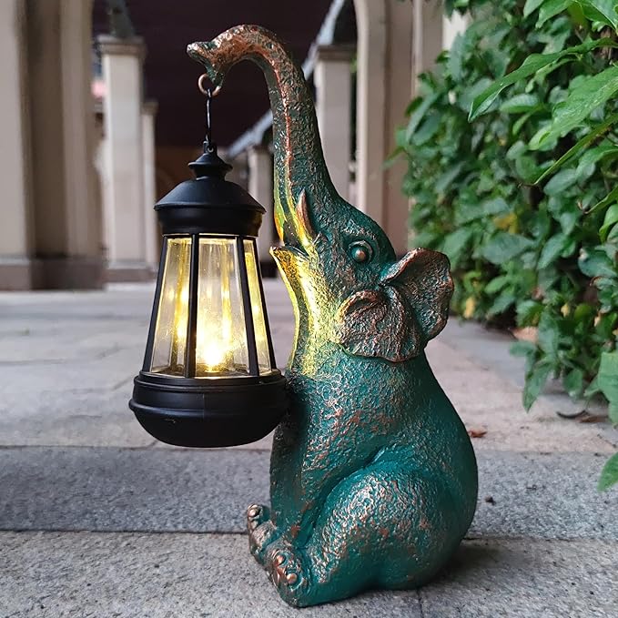 RCTTICUU Elephant Garden Statue Outdoor Décor with Solar Lights Lantern,Elephant Solar Light Figurines Outside Decorations for Yard，Lawn Patio, Balcony, Unique Housewarming Gifts