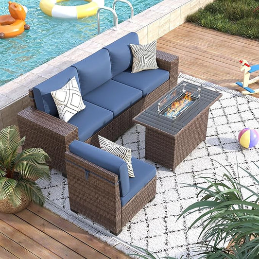 5 Piece Patio Furniture Set with Fire Pit Table, Wide Armrest Modular Outdoor Conversation Sets Brown PE Wicker Rattan Sectional Sofa, 4'' Thickened Cushion Navy Blue