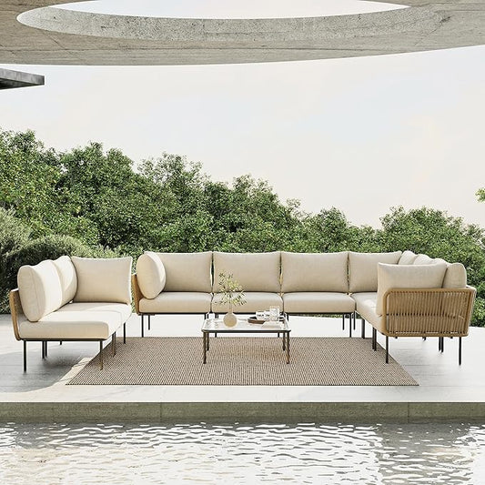 9 Piece Modern Outdoor Rope Wicker Sectional Patio L-Shaped Conversation Sofa Set Deep Seating with Thick Cushions