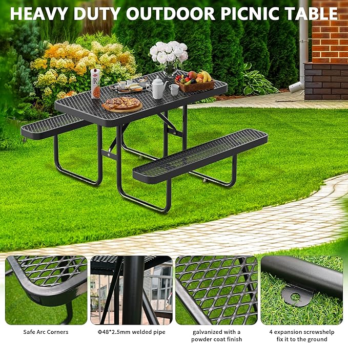 HIMcup 4 FT Metal Picnic Tables for Outside, Outdoor Coated Steel Heavy Duty Commercial Picnic Table with Benches, Patio Table Rectangular Furniture Set for Garden, Lawn, Shops, Parks