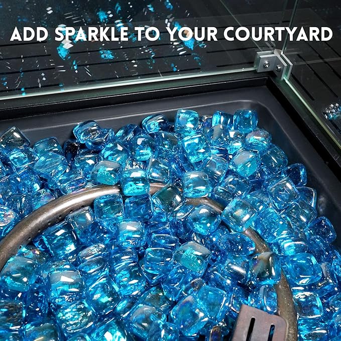 GasSaf Caribbean Blue Fire Glass Cubes for Outdoor Fire Pit, Fireplace, Replaces Existing Gas Logs & Lava Rocks, 1 Inch Glass(10 Pound)(Caribbean Blue Luster)