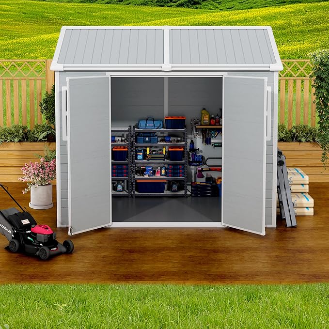 6x8 FT Resin Outdoor Storage Shed with Floor, Weather-Resistant Plastic Garden Shed with Windows, Lockable Door and Vents, Outside Tool Storage Sheds for Backyard, Garden, Lawn, Grey