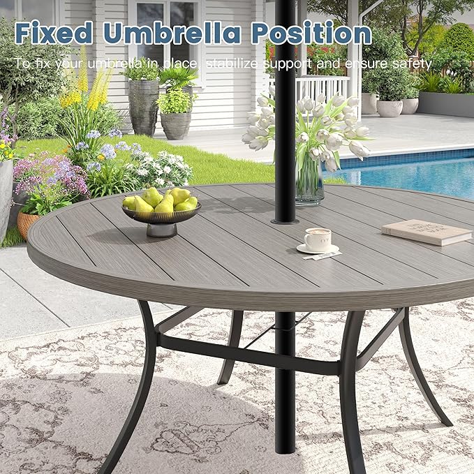 DIFY Patio Round Dining Table, 53" All Weather Round Outdoor Table with 1.57" Umbrella Hole for 8 Person, Perfect for Yard, Balcony and Lawn, Grey Wood-Like