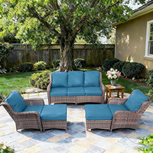 5 Pcs High Back Wicker Patio Furniture Set with Ottoman, Outdoor Sectional Include 3 Seater Couch with Thick Cushion for Balcony Deck Yard and Porch, Peacock Blue