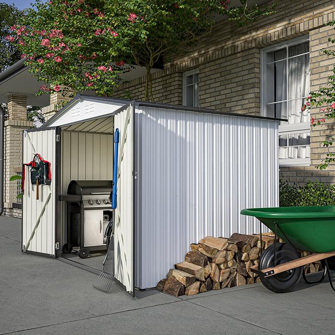 8x6 FT Outdoor Storage Shed W/ 2 Lockable Hinged Doors,Metal Shed W/Sloped Roof & 4 Air Vents,Garden Tool House W/Updated Frame Structure,for Backyard Patio Lawn,White