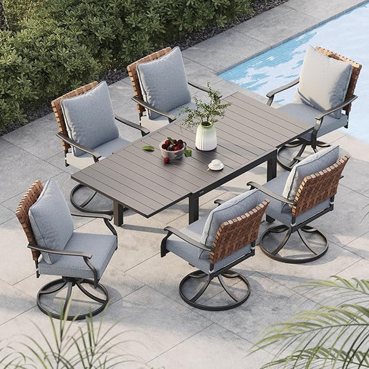 Grand patio 7-Piece Outdoor Dining Set, 6 Leather-Look Wicker Swivel Patio Chairs & 1 Rectangular Dining Table, Black