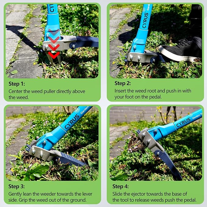 CYRUS Weed Puller Tool - 3-Claw 39‘’ Gardening Hand Tool with Ergonomic Aluminum Handle, High-Resilience Spring & Stainless Steel Teeth for Easy Weed Removal