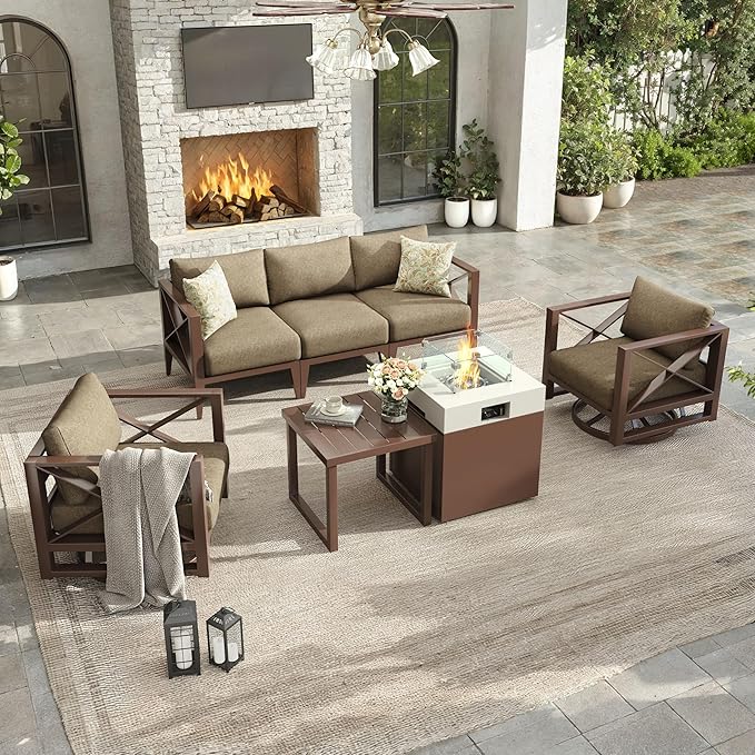 Aluminum Patio Furniture Set with Fire Pit Table,5-Seats Patio Sectional Conversation Sofa with 6" All-Weather Cushions and 2 Swivel Rocking Chairs,Outdoor Furniture Set(Brown)