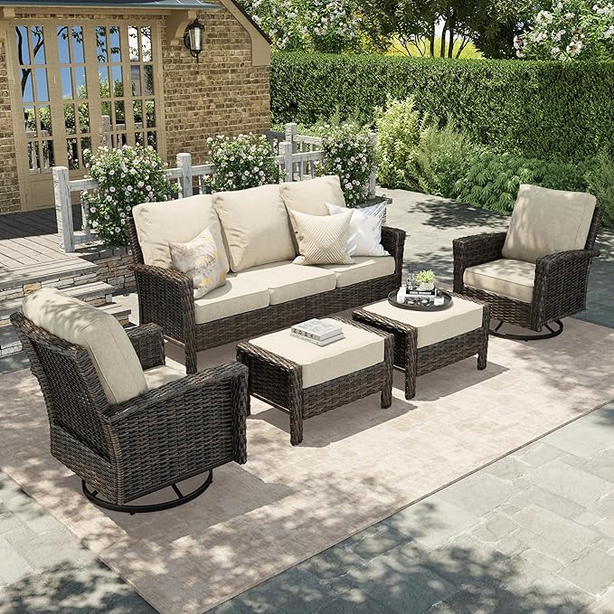 HERA'S HOUSE High Back Patio Furniture Set with Swivel Chairs, Outdoor Wicker Furniture with 5.5" Thick Cushions, Outside Conversation Sofa Sets for Backyard Deck Lawn, Beige