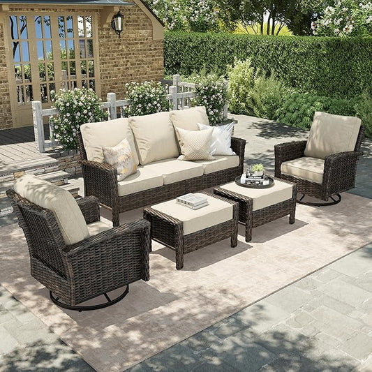 HERA'S HOUSE High Back Patio Furniture Set with Swivel Chairs, Outdoor Wicker Furniture with 5.5" Thick Cushions, Outside Conversation Sofa Sets for Backyard Deck Lawn, Beige