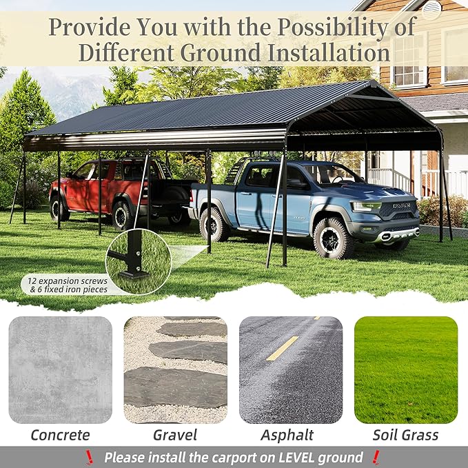 Metal Carport 13x26.5 ft Car Port, Heavy Duty Carports with Enhanced Base, Multi-Use Garage Shed for Car and Truck, Campcraft, Carport Kit with Galvanized Steel Frame & Roof (Dark Gray, 13 * 26.5FT)