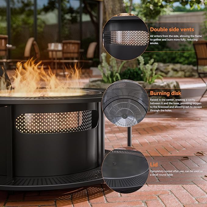 Kurapika 37 inch Smokeless Firepit with Removable Base for Ash, Wood Burning Fire Pits for Camping, Low Smoke for Outside, Easy for Cleaning, Ideal for 6 or More People