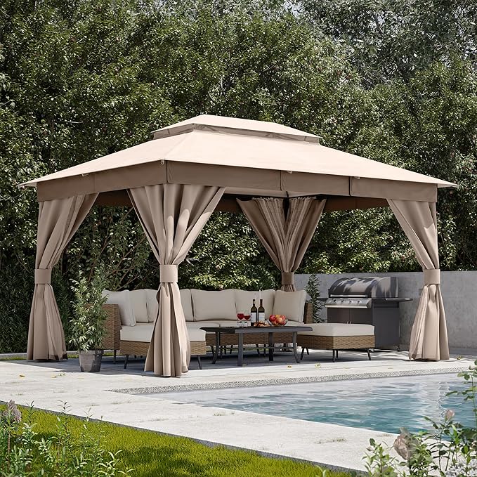 LAUSAINT HOME Gazebo 10x13ft, Heavy Duty Patio Gazebo with Expansion Bolts, Party Canopy Tent with Double Roofs, Mosquito Nettings and Privacy Screens for Backyard, Garden, Lawn, Champagne