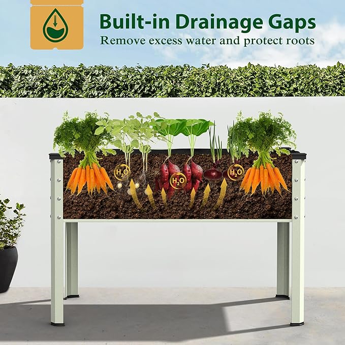 Galvanized Raised Garden Bed with Legs, 48" W x 24" D x 32" H Large Metal Elevated Raised Planter Box with Drainage Gaps for Backyard, Patio, Balcony, 507lbs Capacity, Beige