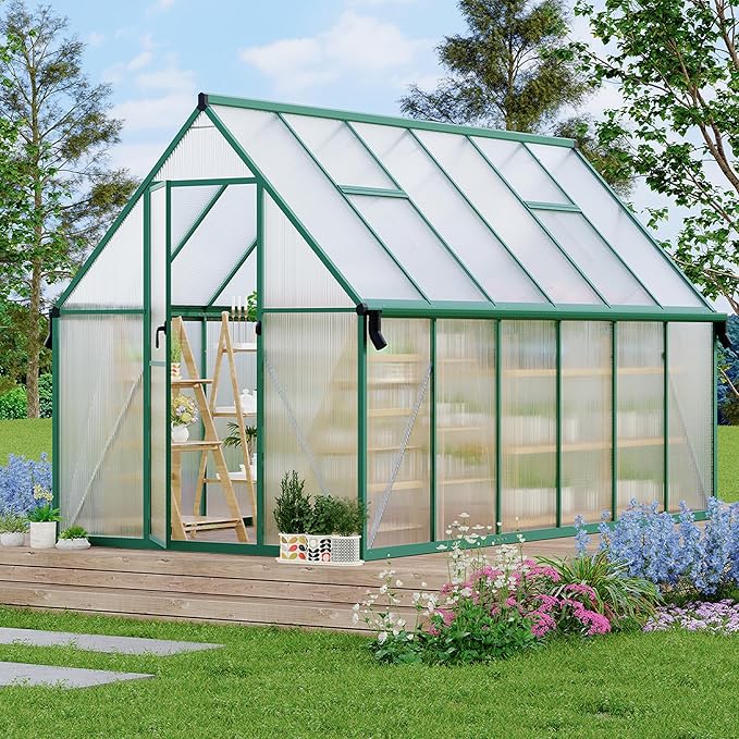 Polycarbonate Greenhouse for Outdoors, Large Walk-InGreenhouse with Quick Setup Structure and Roof Vent, Greenhouse with Ventilation