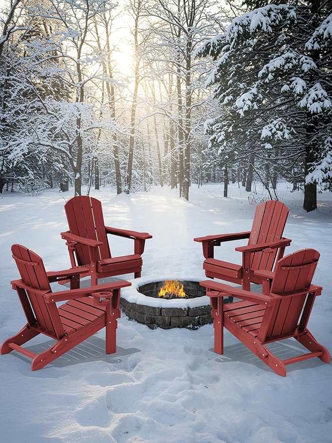 KINGYES Folding Adirondack Chair with Dual Cup Holders - HDPE All-Weather Outdoor Chairs, Wood-Like Patio Chair for Backyard, Camping, Pool & Fire Pit, Dark Red