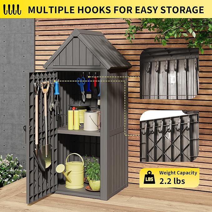 Fancyango Outdoor Resin Storage Shed, Upgrade Sturdy Storage Cabinet with Removable Shelves and Lock Ring, Reinforced Floor, All-Weather Construction for Garden Patio Lawn (Gray)