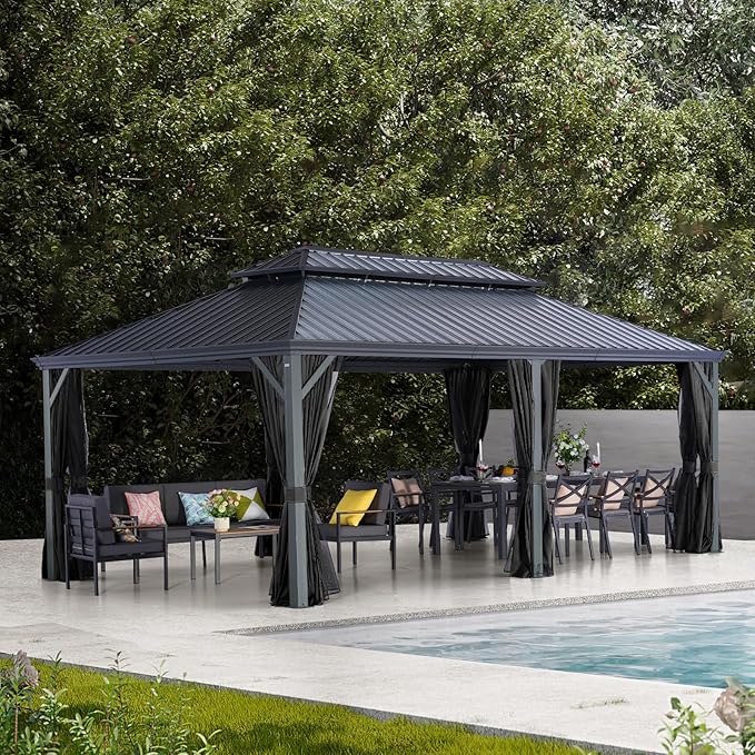 LeDoasis Blazar 12' X 20' Hardtop Gazebo Outdoor with Netting & Curtain, Aluminum Canopy with Permanent Galvanized Steel Double Roof for Patio Lawn and Garden