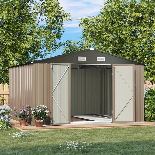 Patiolife Outdoor Storage Shed 10x8 FT with Floor Frame, Garden Tool Metal Shed with Sloping Roof and Double Lockable Door for Backyard Garden & Patio, Brown