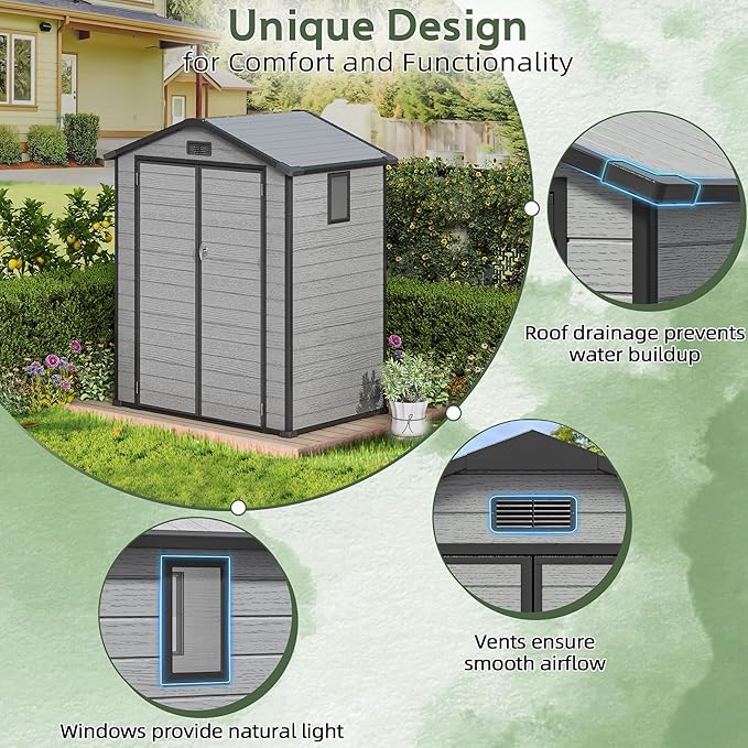 6×4FT Plastic Outdoor Storage Shed, Double Door Tool Shed with Transparent Roof and Vent, Lockable Door with Key, Storing Patio Furniture, Gardening Tools, and Bicycle Accessories