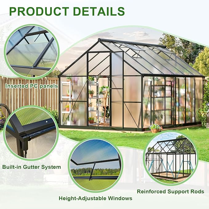 Polar Aurora 8x12 FT Greenhouse for Outside, Quick Aluminum Assembly Structure Polycarbonate Green House, Walk-in Greenhouses with 2 Ventilated Windows, Green Houses for Outdoors Backyard Garden