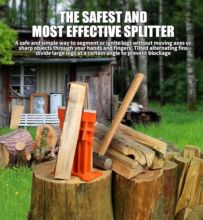 Firewood Kindling Log Wood Splitter – No Axe! Wedge Point Splits Firewood, 6 Inch, Orange with Safety Cover