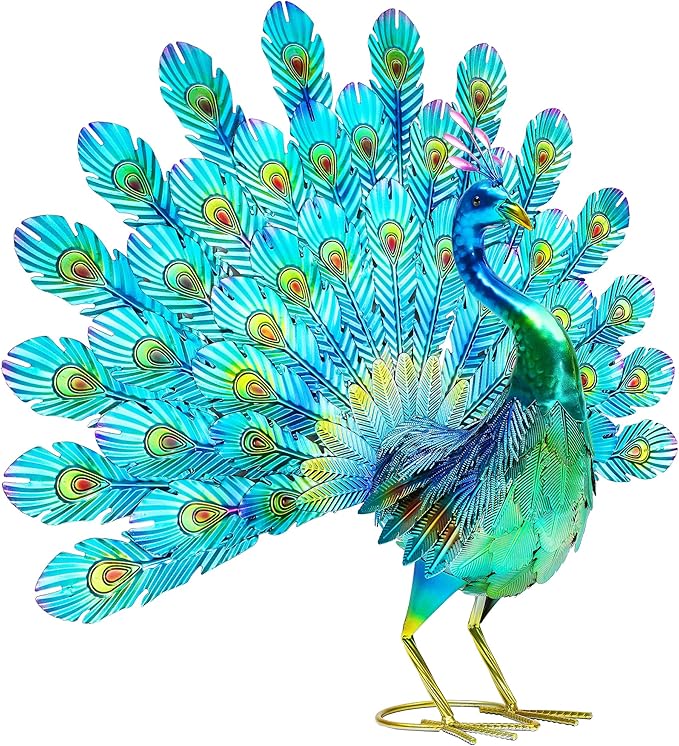Ultym 27.5in Tall Metal Peacock Garden Statue - Handmade, 3D Textured, Tail Spread Sculptures for Patio, Garden or Entryway.
