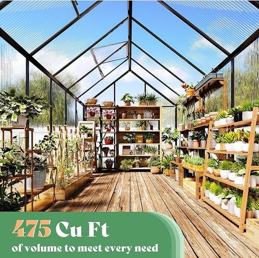 AMERLIFE 6x16 Ft Polycarbonate Greenhouse for Outdoors, Walk-in Design with Aluminum Frame, 2 Windows and Swing Door, Heavy-Duty Greenhouse Construction for Garden, Black