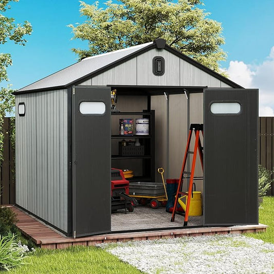Domi 8' x12' Outdoor Resin Storage Shed with Lockable Door, Waterproof Outside Sheds with Windows & Vents, Heavy-Duty Plastic Tool Storage Shed for Patio Furniture, Lawn Mower, Bike