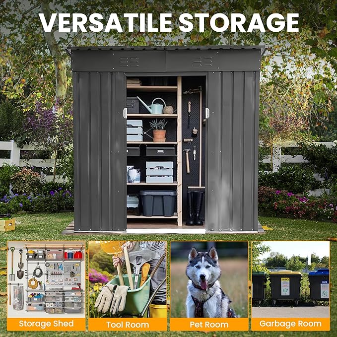 6x4 FT Outdoor Metal Storage Shed with Lockable Door, All-Weather Garden Shed with Sloping Roof & Waterproof Design, Durable Tool Shed for Backyard, Patio, Light Gray
