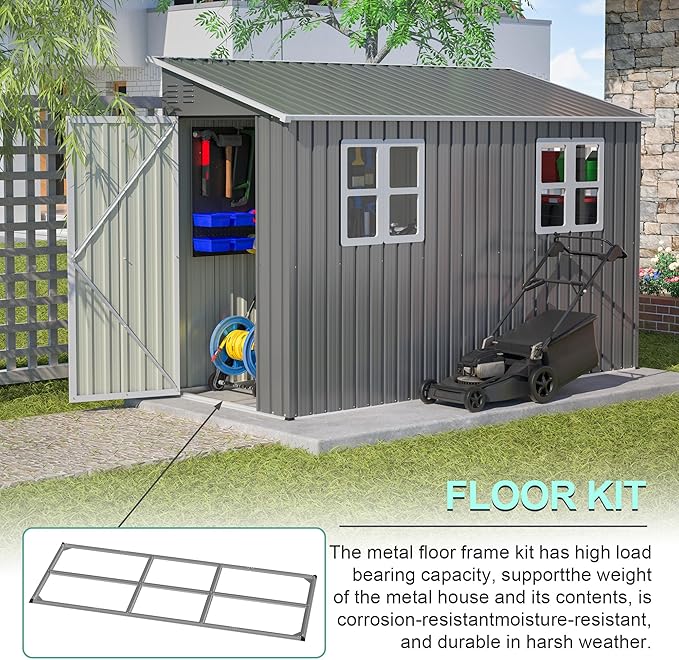 4x10 FT Outdoor Storage Shed, Metal Shed, Lockable Door, Sloping Roof, All-Weather Lean to Resin Shed for Garden, Backyard, Patio, Lawn (Gray)