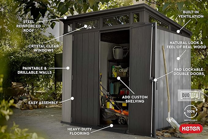 Keter Artisan 7 x 7 Foot Large Modern Design Outdoor Shed with Floor for Outdoor Furniture, Lawn Equipment, Bikes, and Gardening Tools, Gray