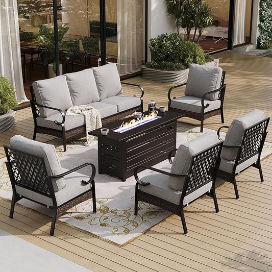 6 Piece Black Metal Outdoor Patio Furniture Sets with Firepit Table, Patio Conversation Sets 1 3-Seater Sofa, 4 Single Sofa with 5.75" Extra Cushion Backyard Furniture for Deck, Gray